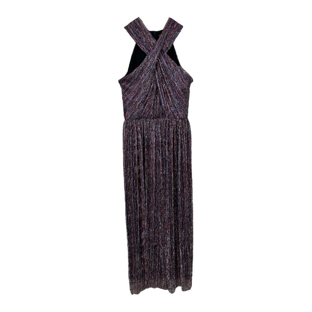 Taylor Metallic Stripe Halter Neck Midi Dress 2 Pleated Sleeveless Disco Rainbow